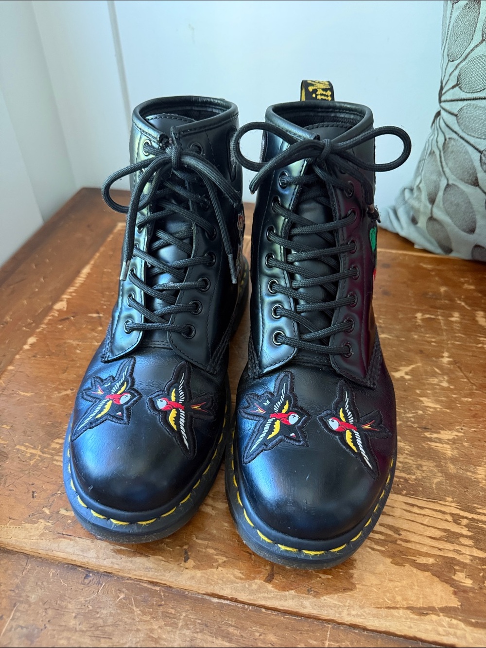 Dr Martens Black Lace-Up Patch Combat Boots - Birds, Cherry & Skull Accents - Picture 3 of 11